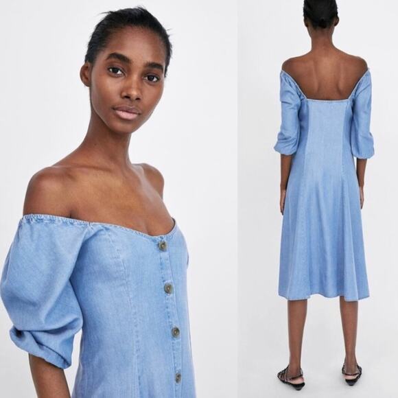 Zara Chambray Midi Dress Puff Sleeves Off-the-Shoulder Blogger’s Favorite Medium - Picture 8 of 9